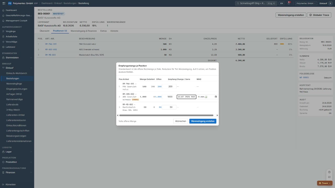 Goods receipt dialog